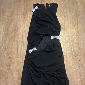 BLACK SLIT MINI DRESS WITH RHINESTONE BOWS